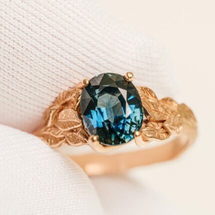 Custom-Made Blue Green Sapphire Engagement Ring - Nature-Inspired Design