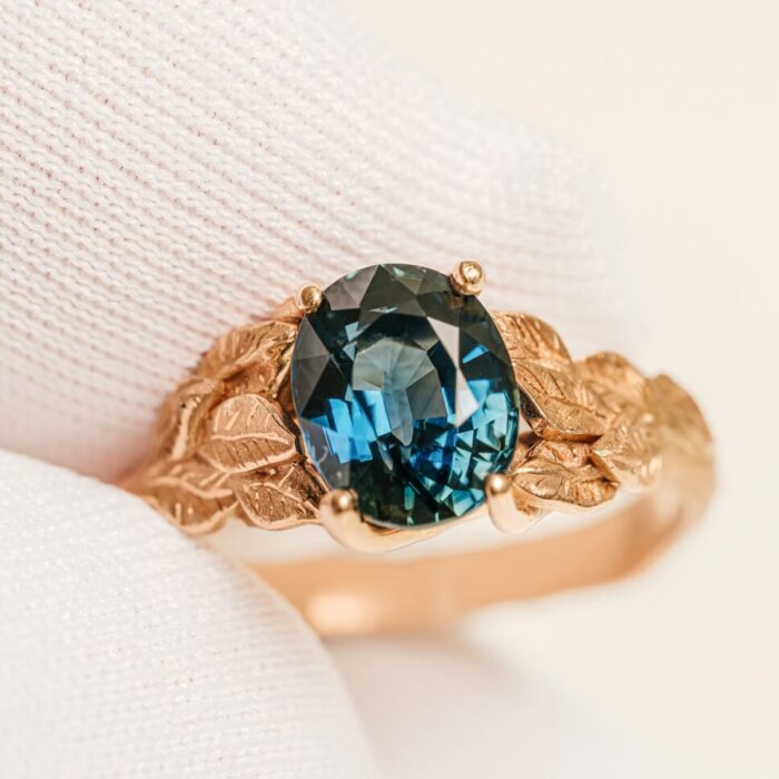 DSC08528 Custom-Made Blue Green Sapphire Engagement Ring - Nature-Inspired Design - Image 1