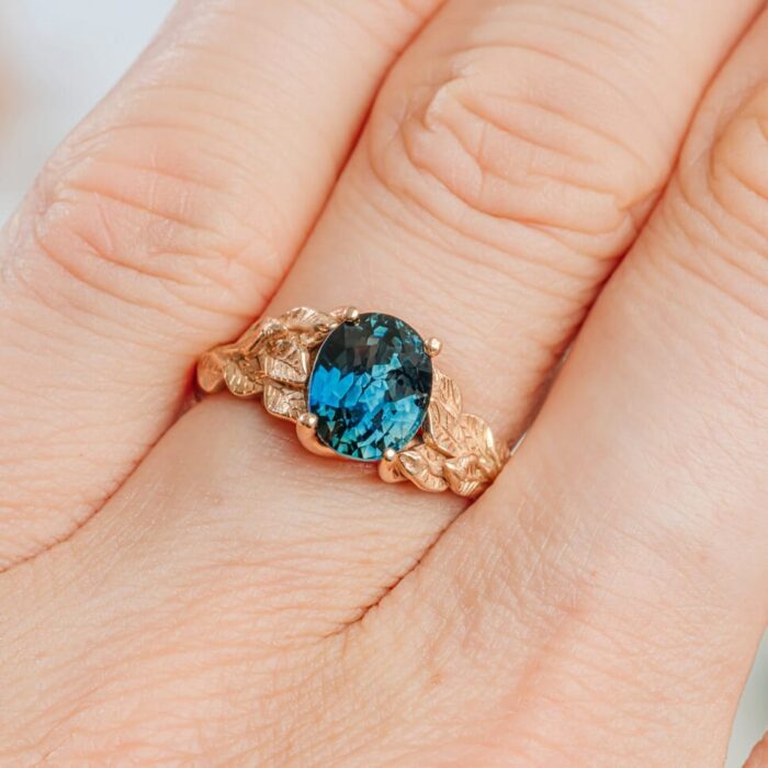 DSC08744 Custom-Made Blue Green Sapphire Engagement Ring - Nature-Inspired Design - Image 3