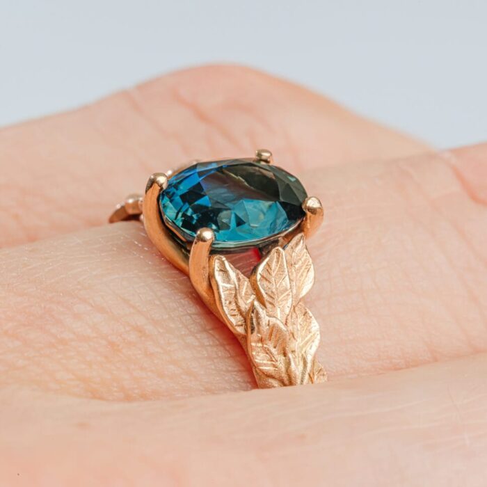 DSC08747 Custom-Made Blue Green Sapphire Engagement Ring - Nature-Inspired Design - Image 2