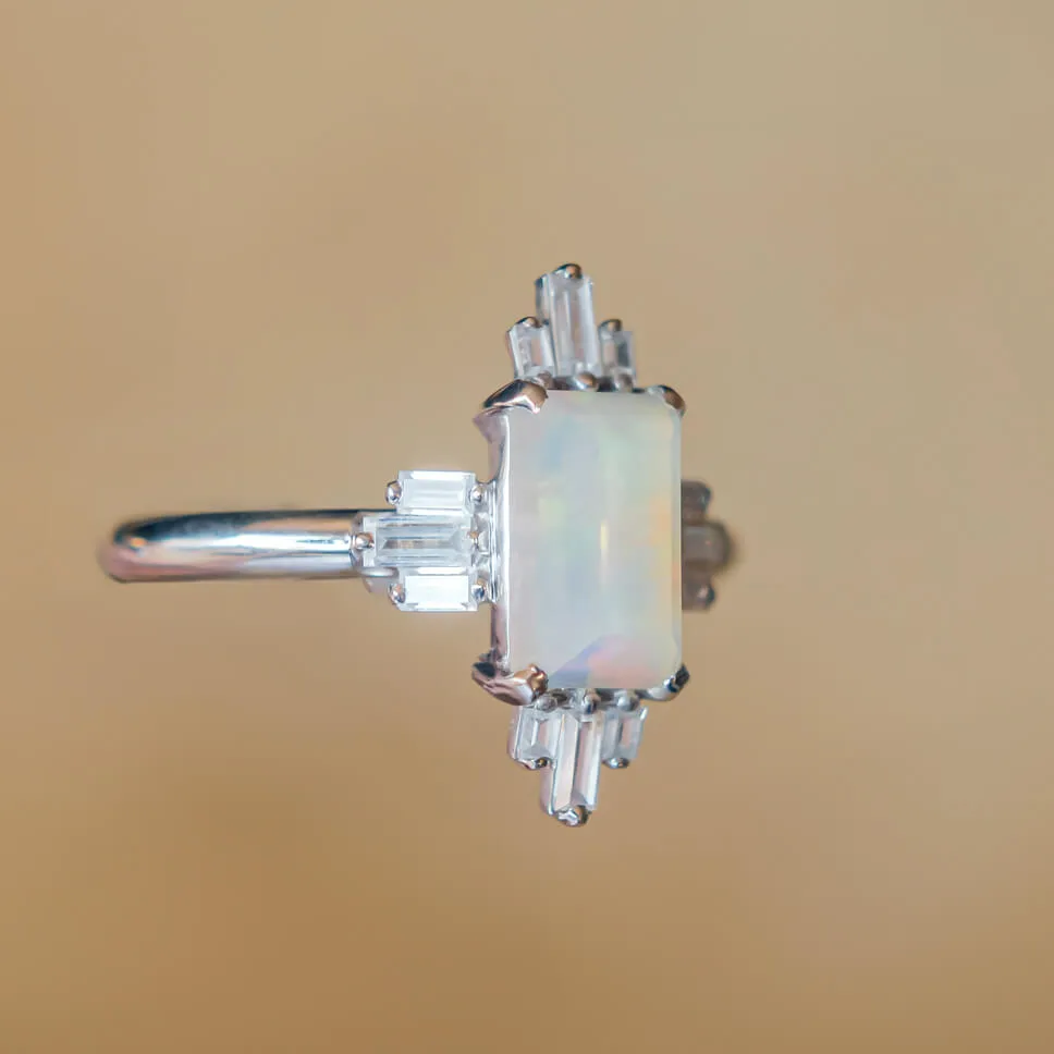 Emerald-Cut Opal Engagement Ring with Aztec-Inspired Baguette Stones in White 14K Gold - Image 2