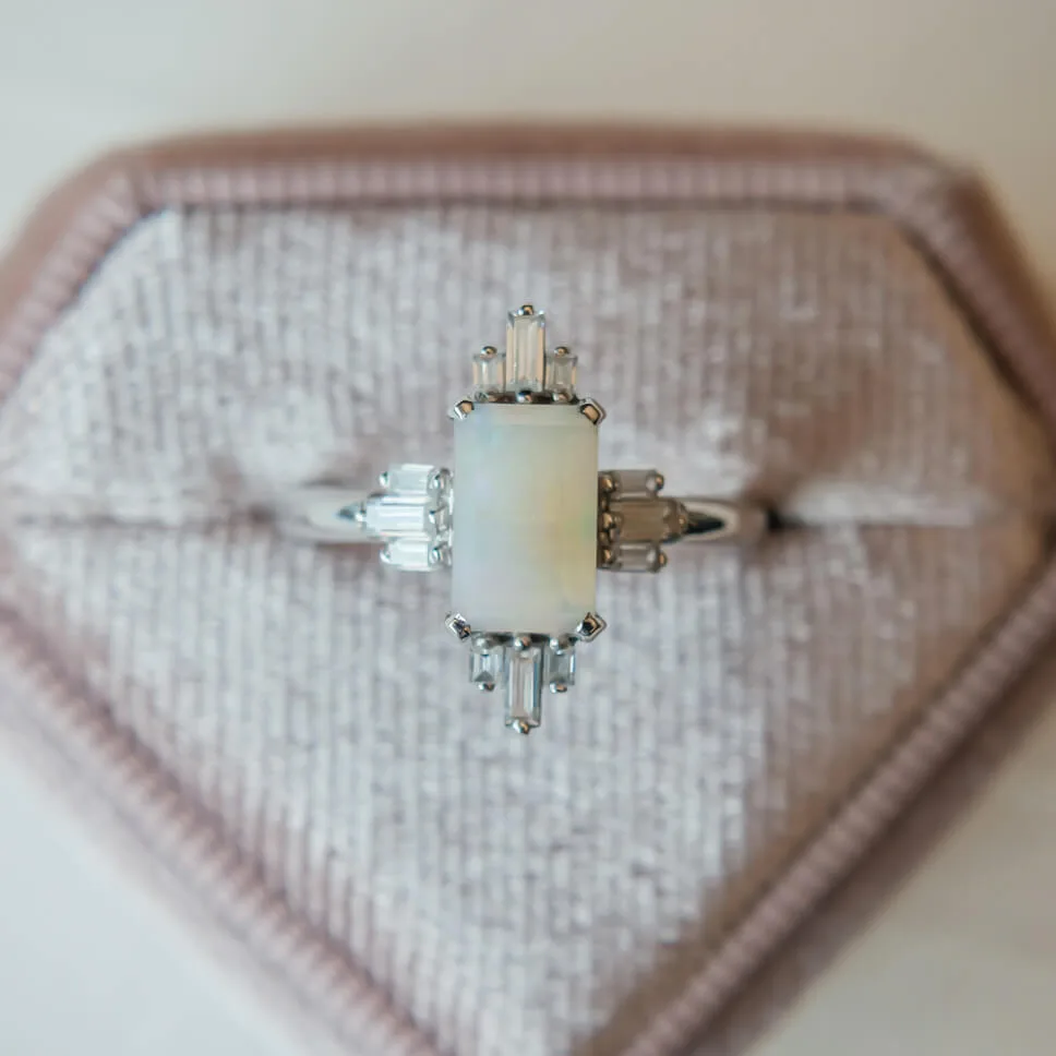 Emerald-Cut Opal Engagement Ring with Aztec-Inspired Baguette Stones in White 14K Gold - Image 3