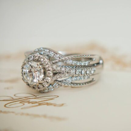 Round Cut Lab Diamond Halo Enhancer White Gold Engagement Ring