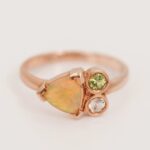 Trillion Cut Opal Engagement Ring with Green Round Sapphire and Diamond