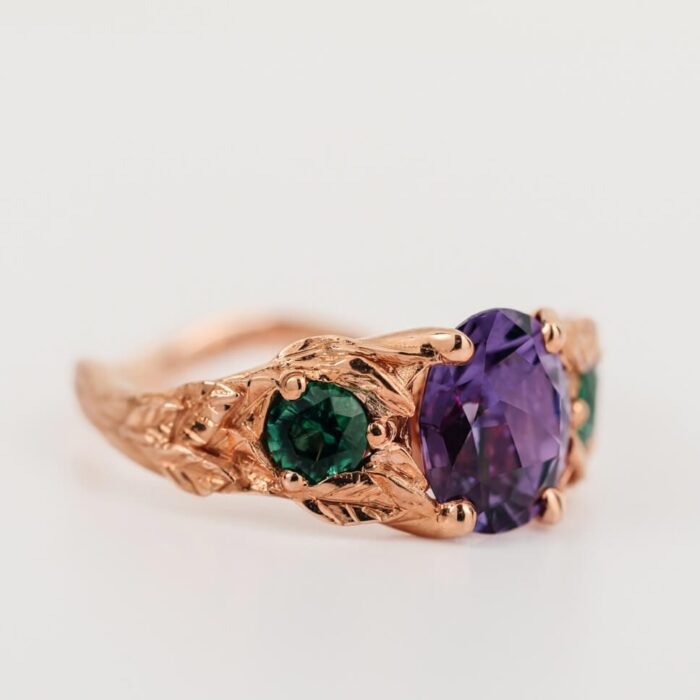 DSC08173 Alexandrite Nature Inspired Engagement Ring with Lab Emerald - Image 3