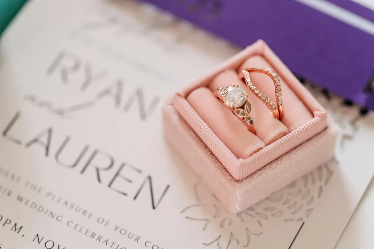 Close-up of salt and pepper marquise leaf engagement ring design