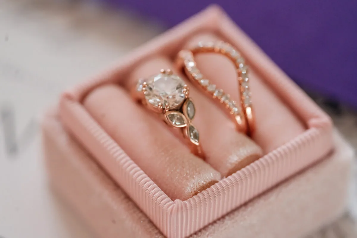 Lab diamond and salt and pepper marquise leaves engagement ring in ring box