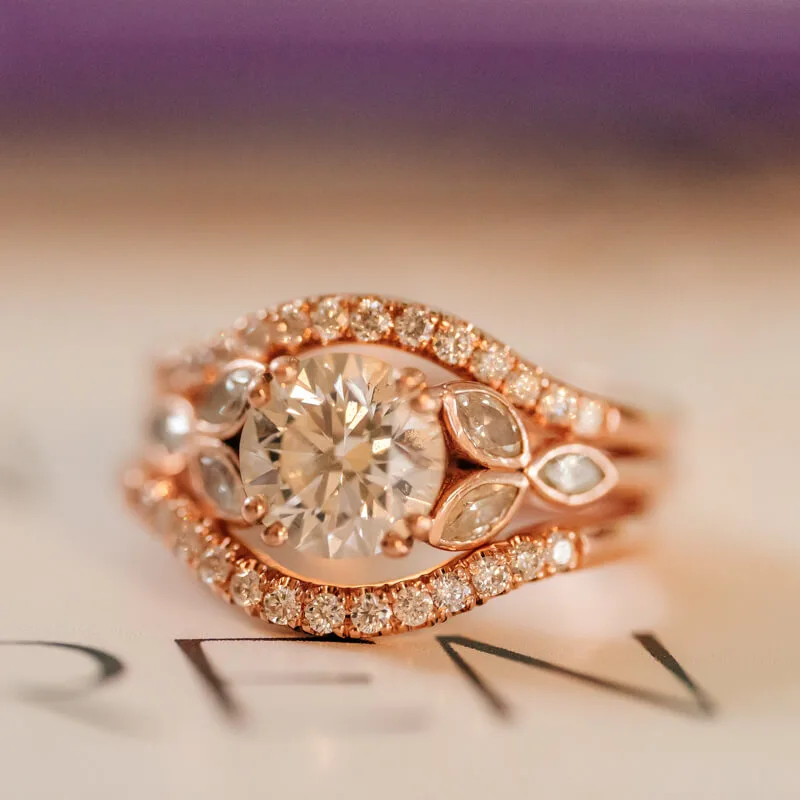 Lab diamond engagement ring with salt and pepper marquise leaf side stones
