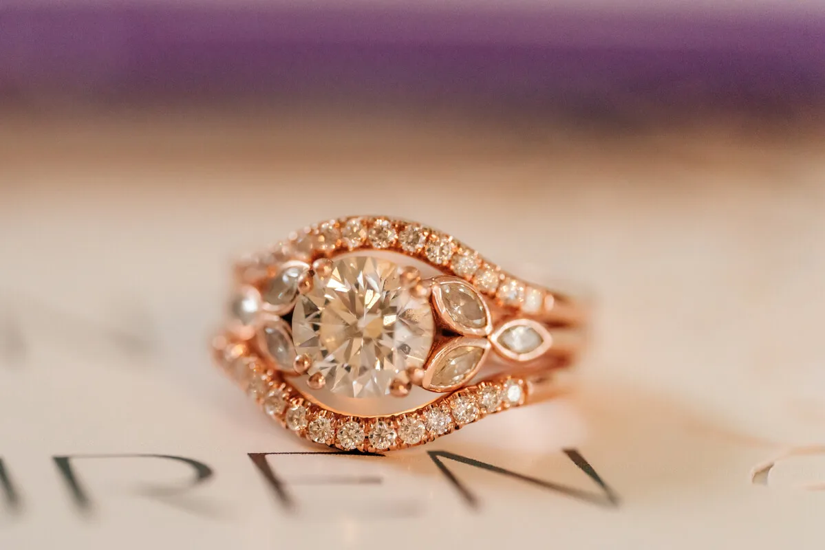 Finished lab-created diamond engagement ring with salt and pepper marquise leaves