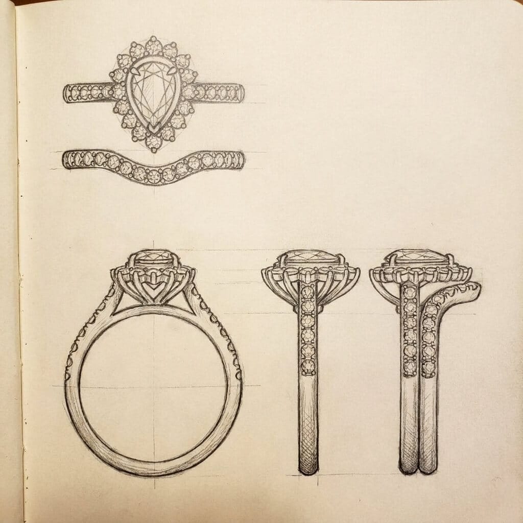 Bridal wedding ring set design sketch with pear diamond engagement ring