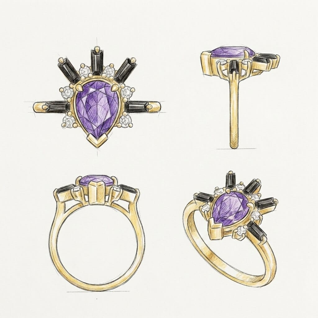 Design sketch of pear amethyst engagement ring with black agate diamonds and yellow gold