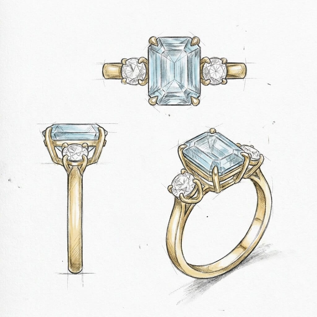 Design sketch of yellow gold emerald-cut aquamarine and diamond engagement ring