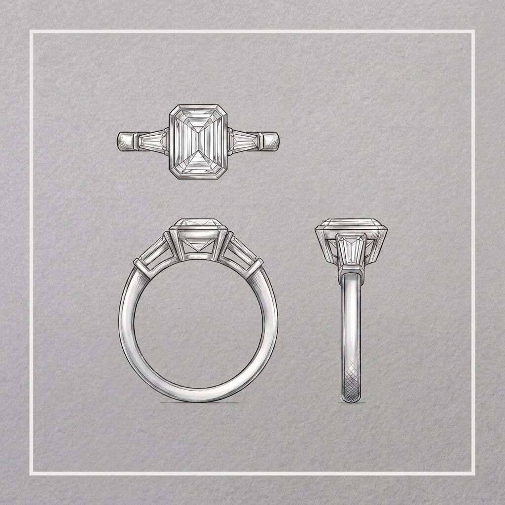 Design sketch for the emerald-cut Art Deco diamond engagement ring