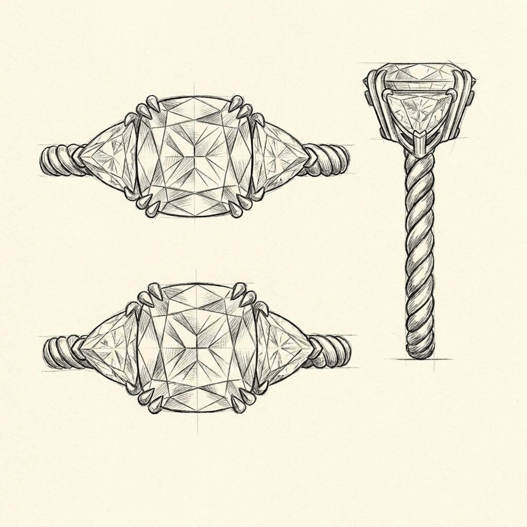Design sketch for twisted shank lab diamond ring