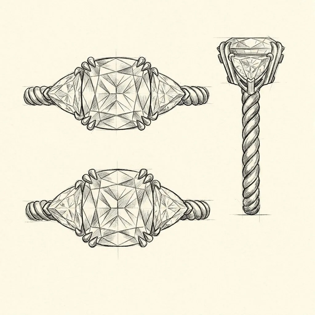 Design sketch for twisted shank lab diamond ring