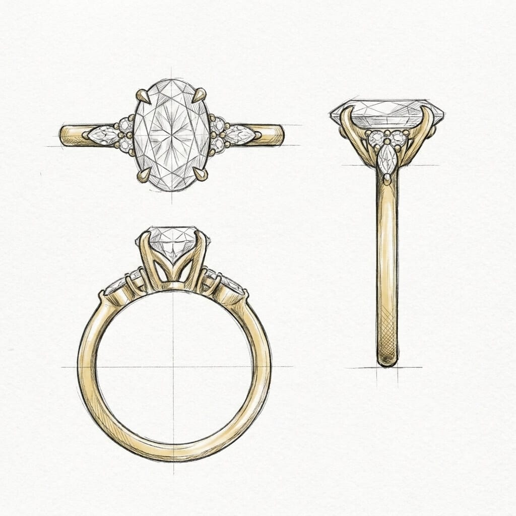 Design sketch for Pure Elegance 1 ct natural diamond engagement ring with custom gallery