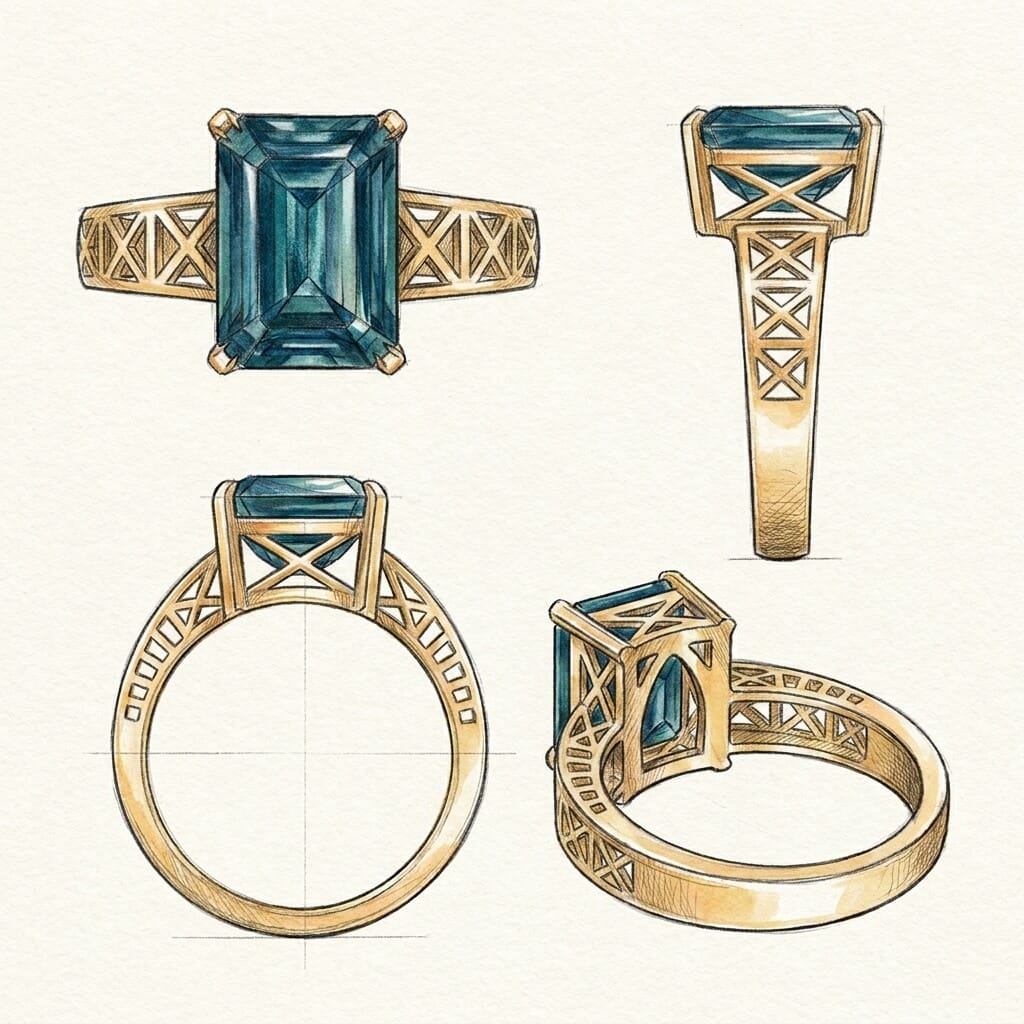 Design sketch of Brooklyn Bridge inspired gold sapphire engagement ring