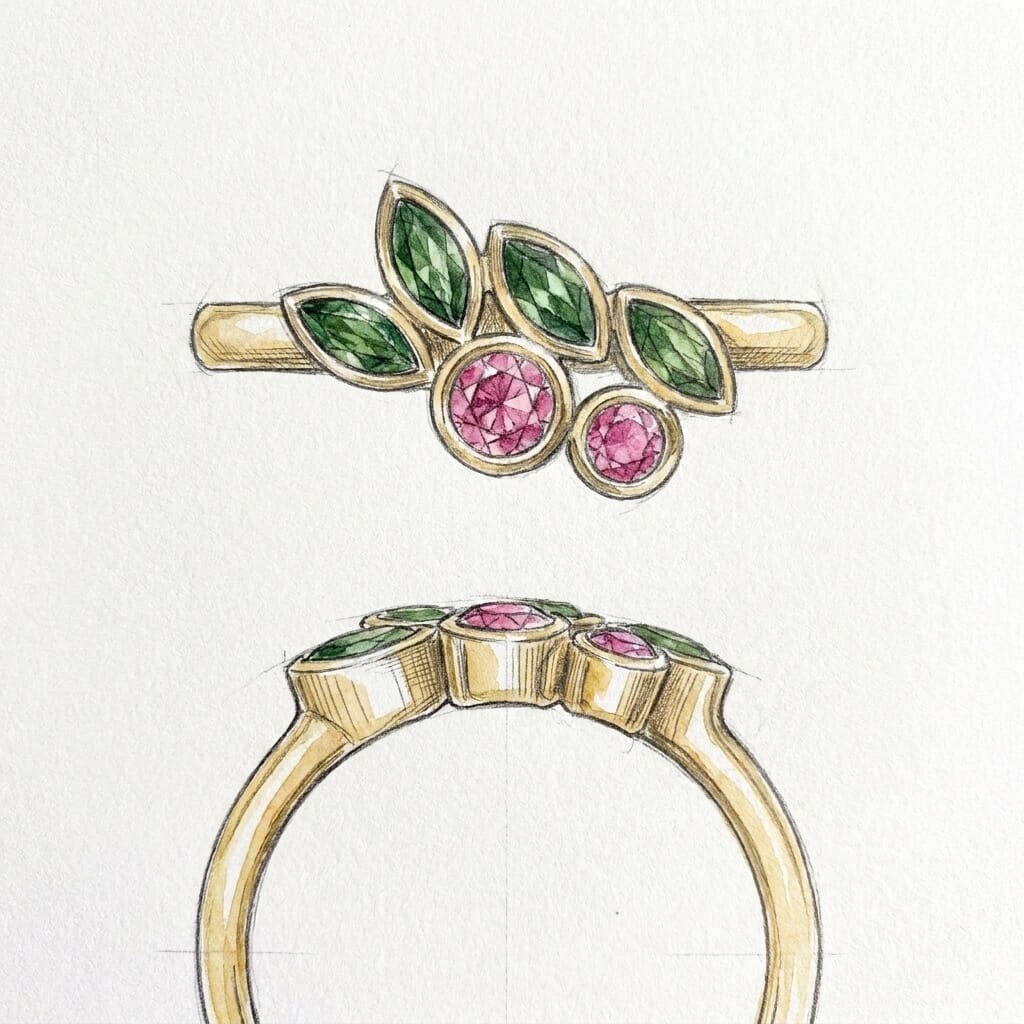 Jewelry design sketch of leaf inspired cluster gemstone engagement ring in yellow gold