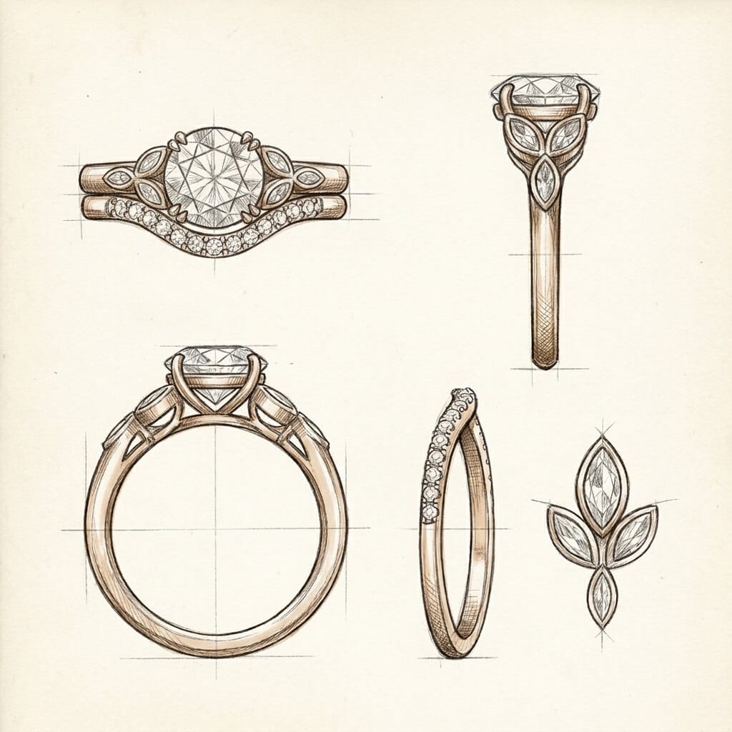 Jewelry design sketch of lab diamond and salt and pepper marquise leaves engagement ring