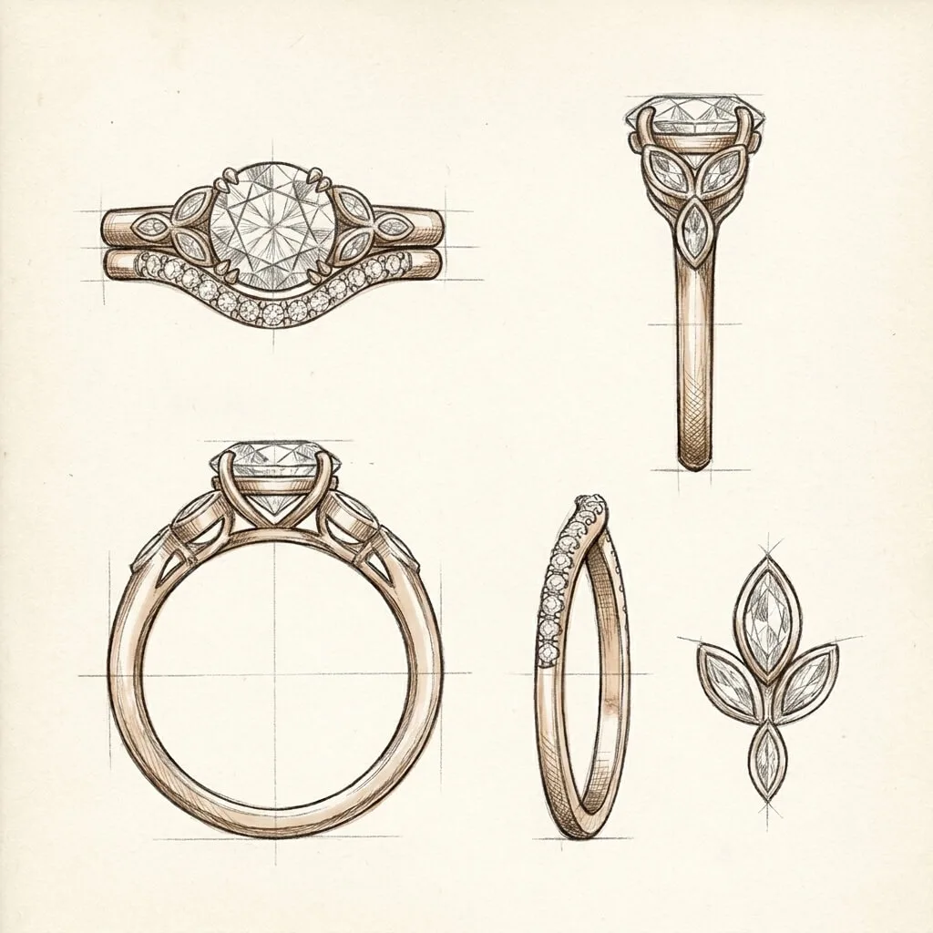 Jewelry design sketch of lab diamond and salt and pepper marquise leaves engagement ring