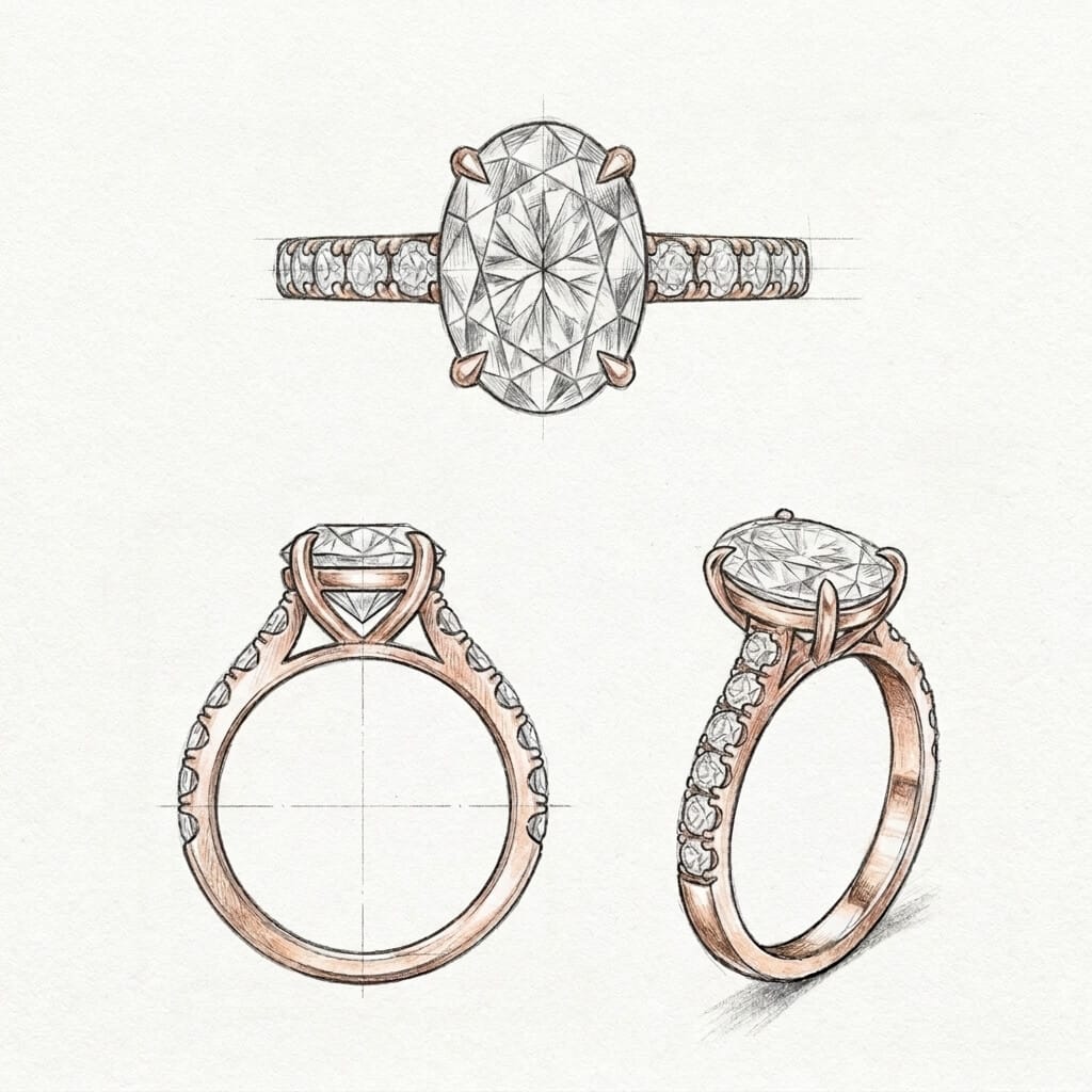 Design sketch for oval diamond engagement ring and bridal set