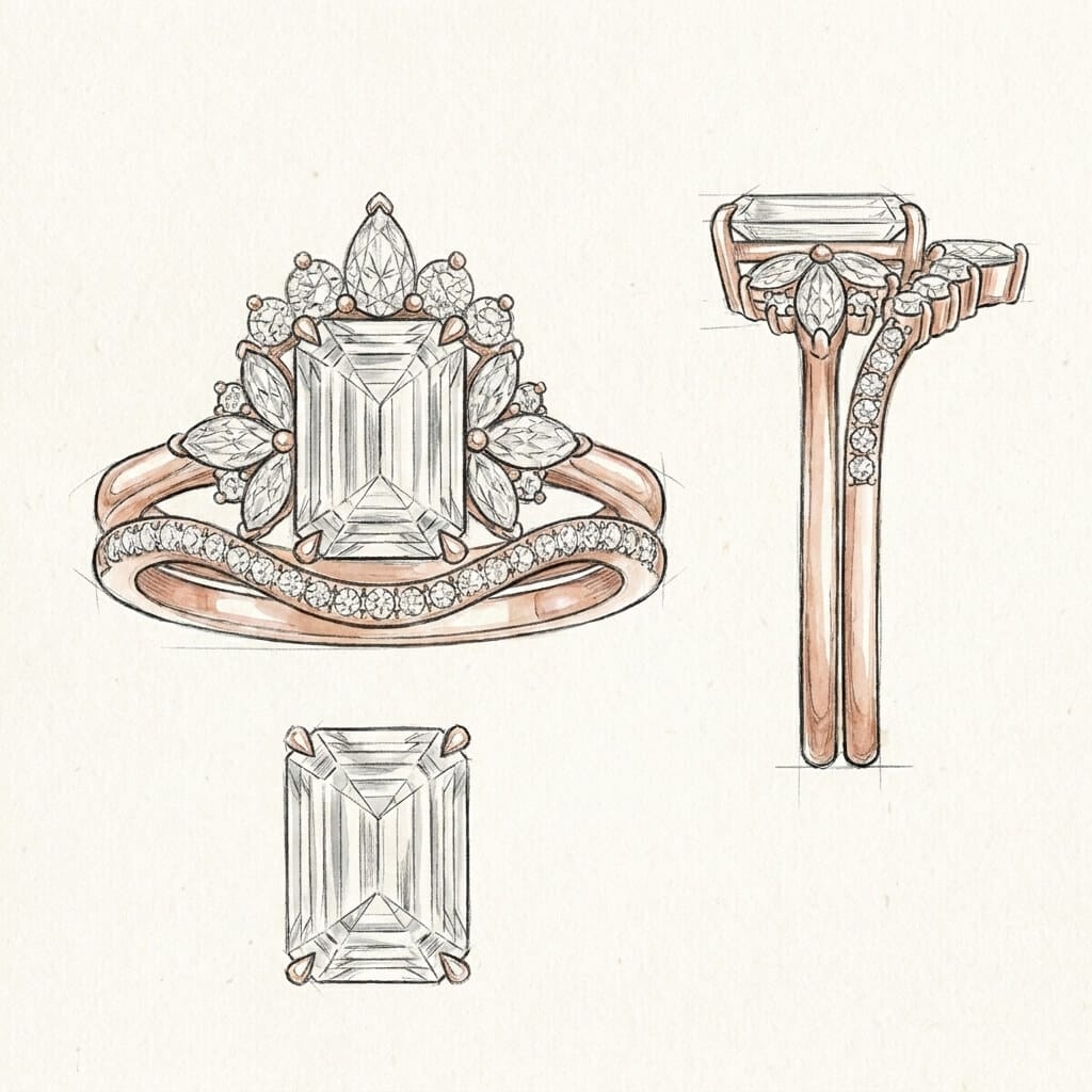 Design sketch for rose gold cluster engagement ring with emerald-cut lab diamond