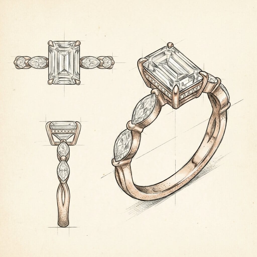 Design sketch of radiant lab-grown diamond engagement ring with marquise accents and hidden halo