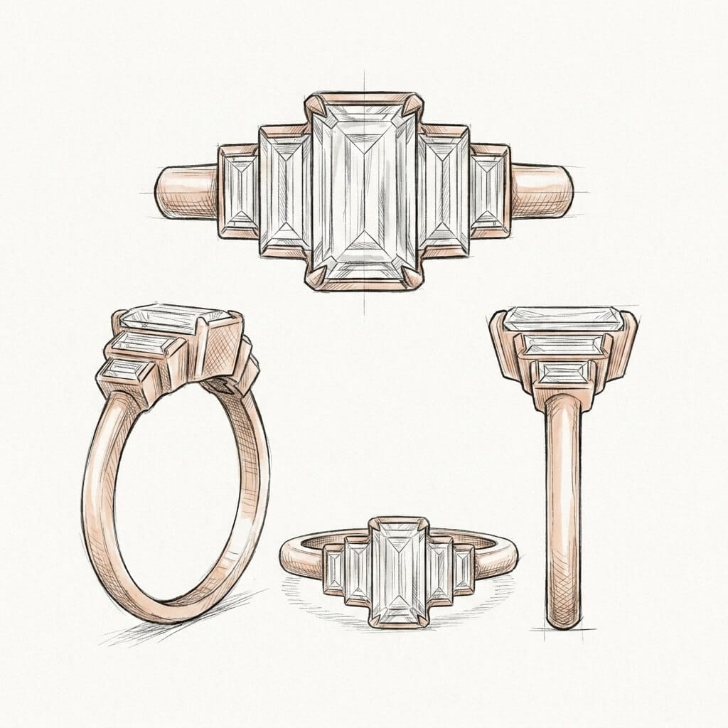 Design sketch for triple baguette white sapphire engagement ring