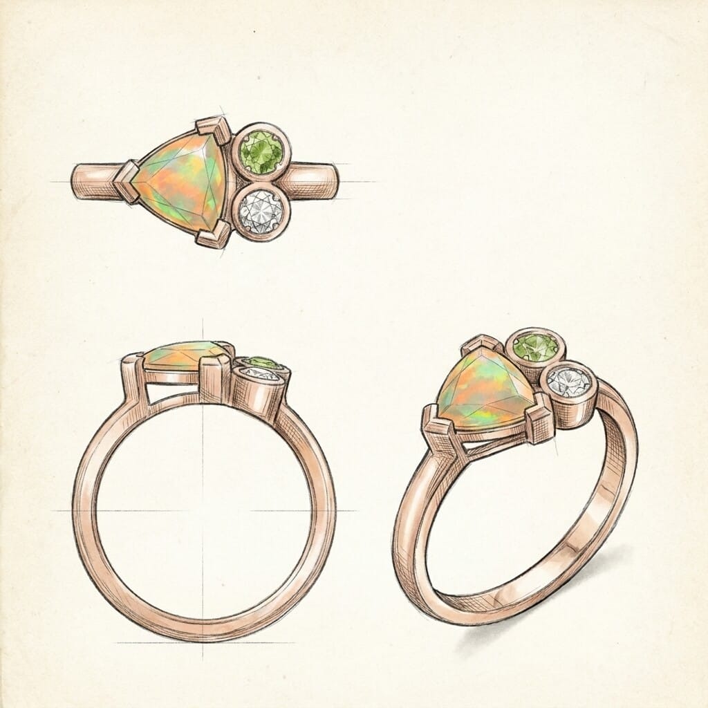 Design sketch for trillion cut opal engagement ring with green sapphire and diamond