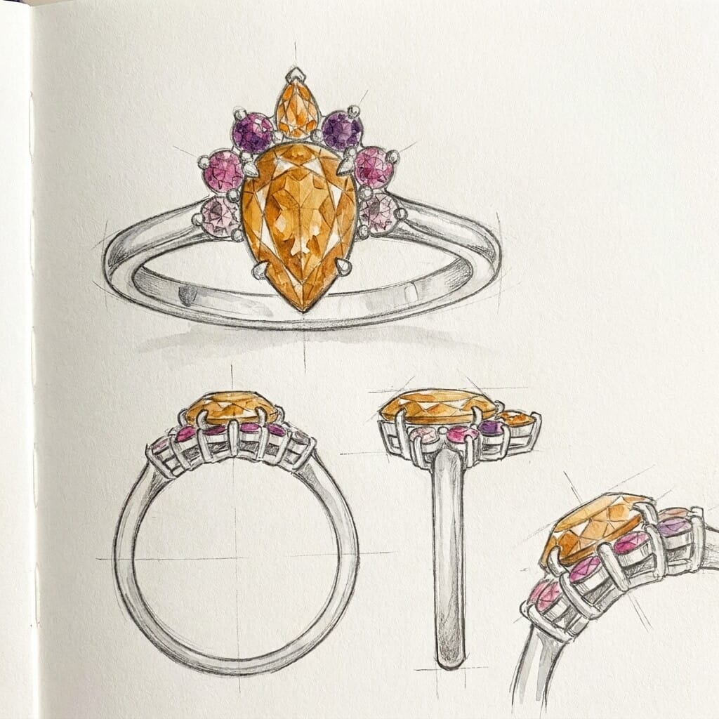 Design sketch for pear-shaped yellow diamond half halo engagement ring