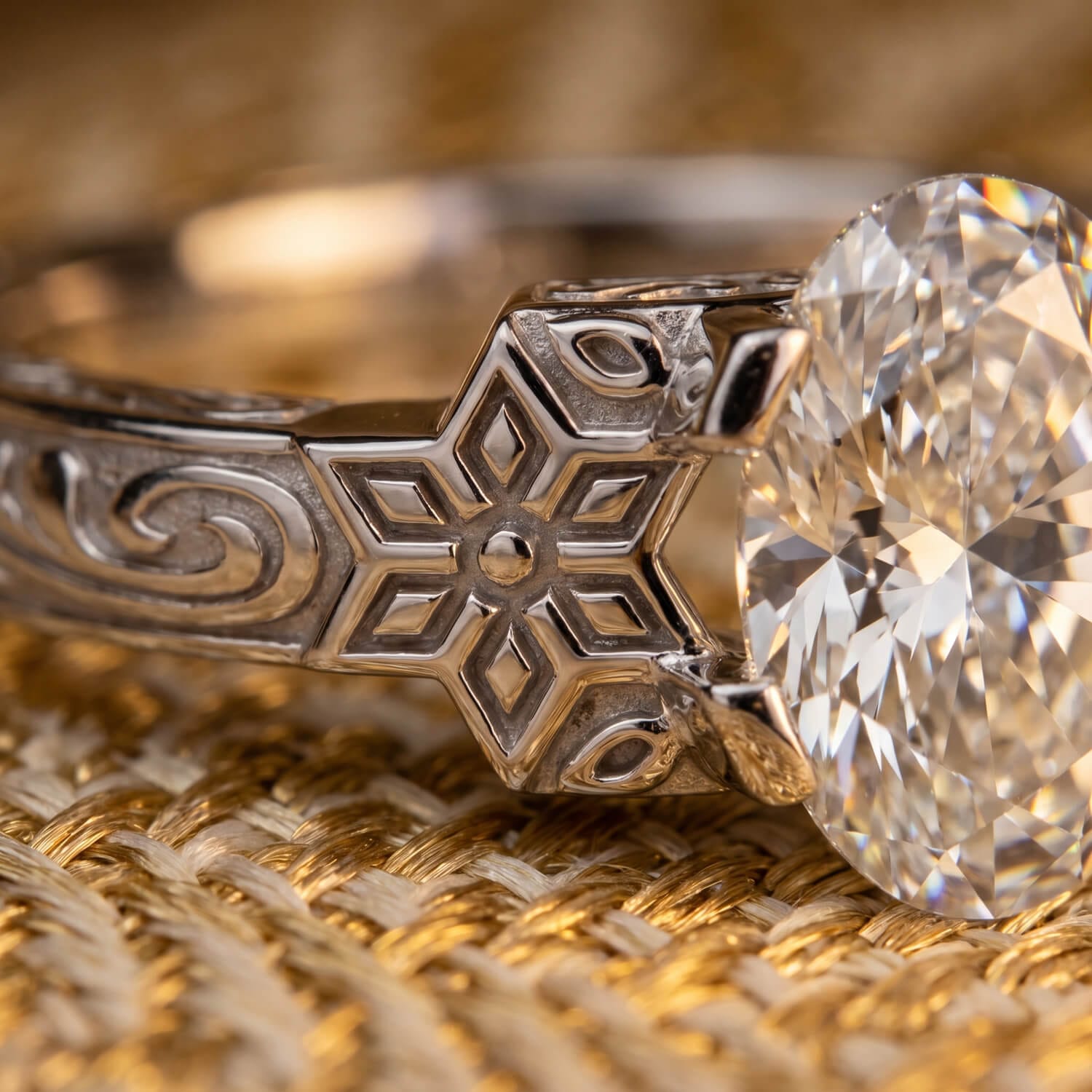 Pronounced cultural relief along the white-gold ring shank
