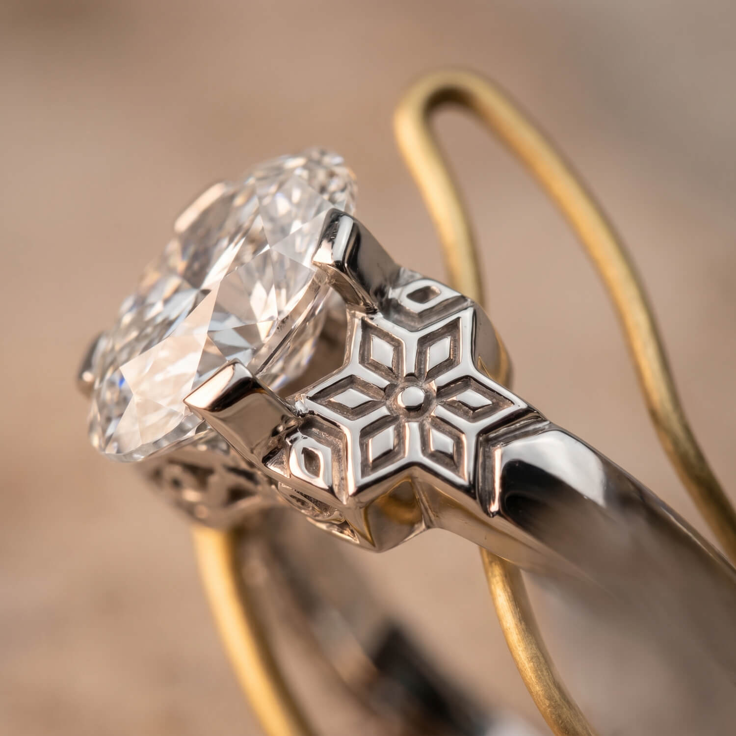 Coimbatore-inspired oval diamond heritage engagement ring in white gold