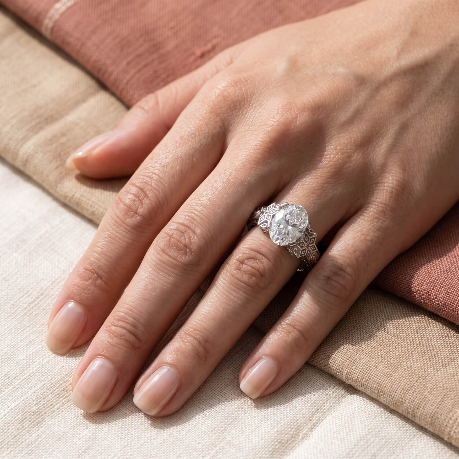 Tamil Nadu heritage white-gold engagement ring worn on hand