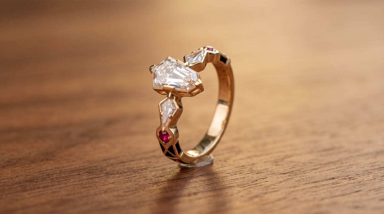 Low-profile three-stone diamond engagement ring designed for an active lifestyle