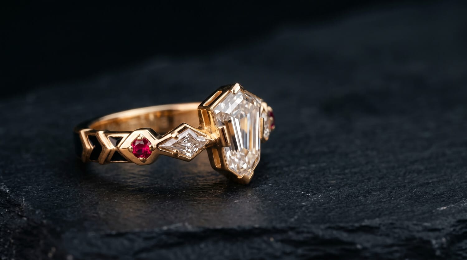 Finished three-stone diamond engagement ring with yellow gold ruby and enamel