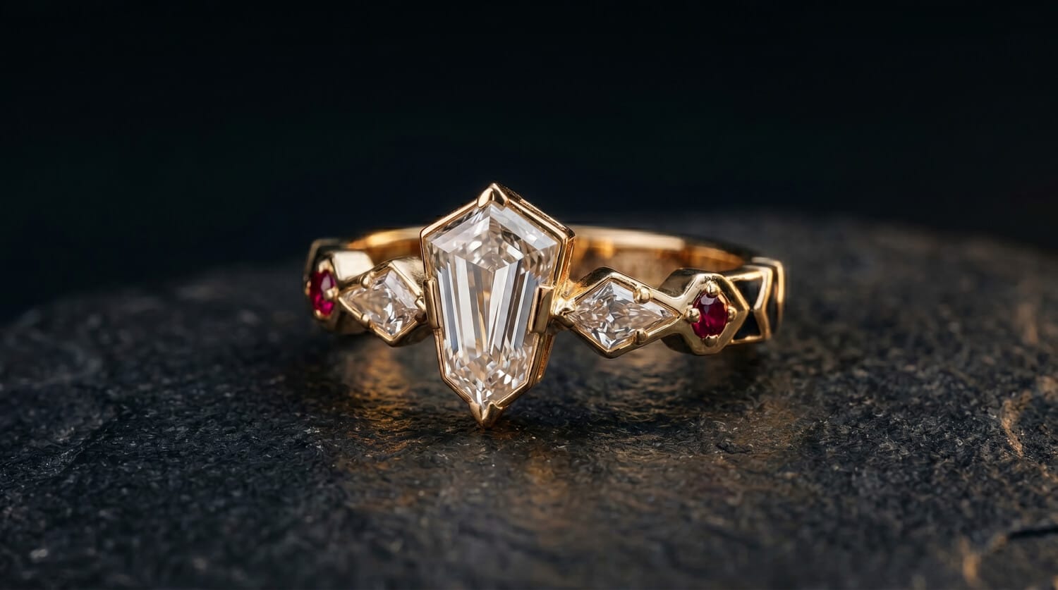 Black enamel detail on the shank of a yellow-gold engagement ring