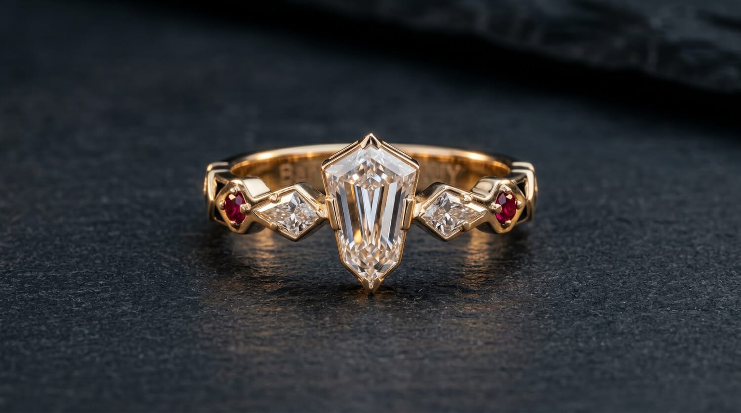 Diamond and ruby arrangement in a custom yellow-gold engagement ring