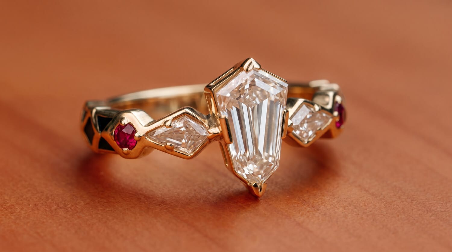 Low-profile side view of the Eswatini-inspired diamond engagement ring