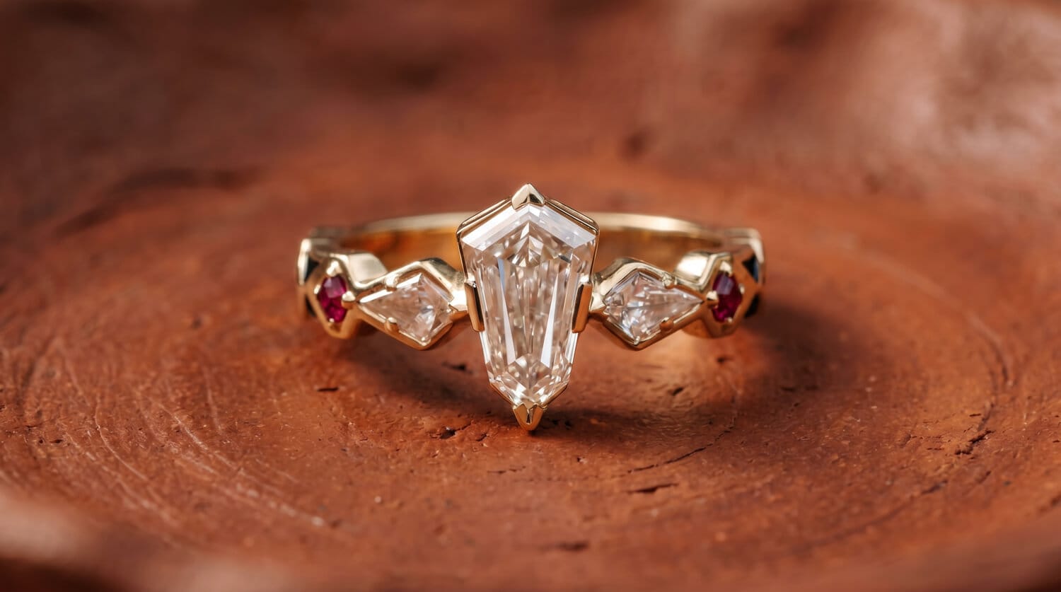 Custom Eswatini heritage engagement ring from an alternate angle