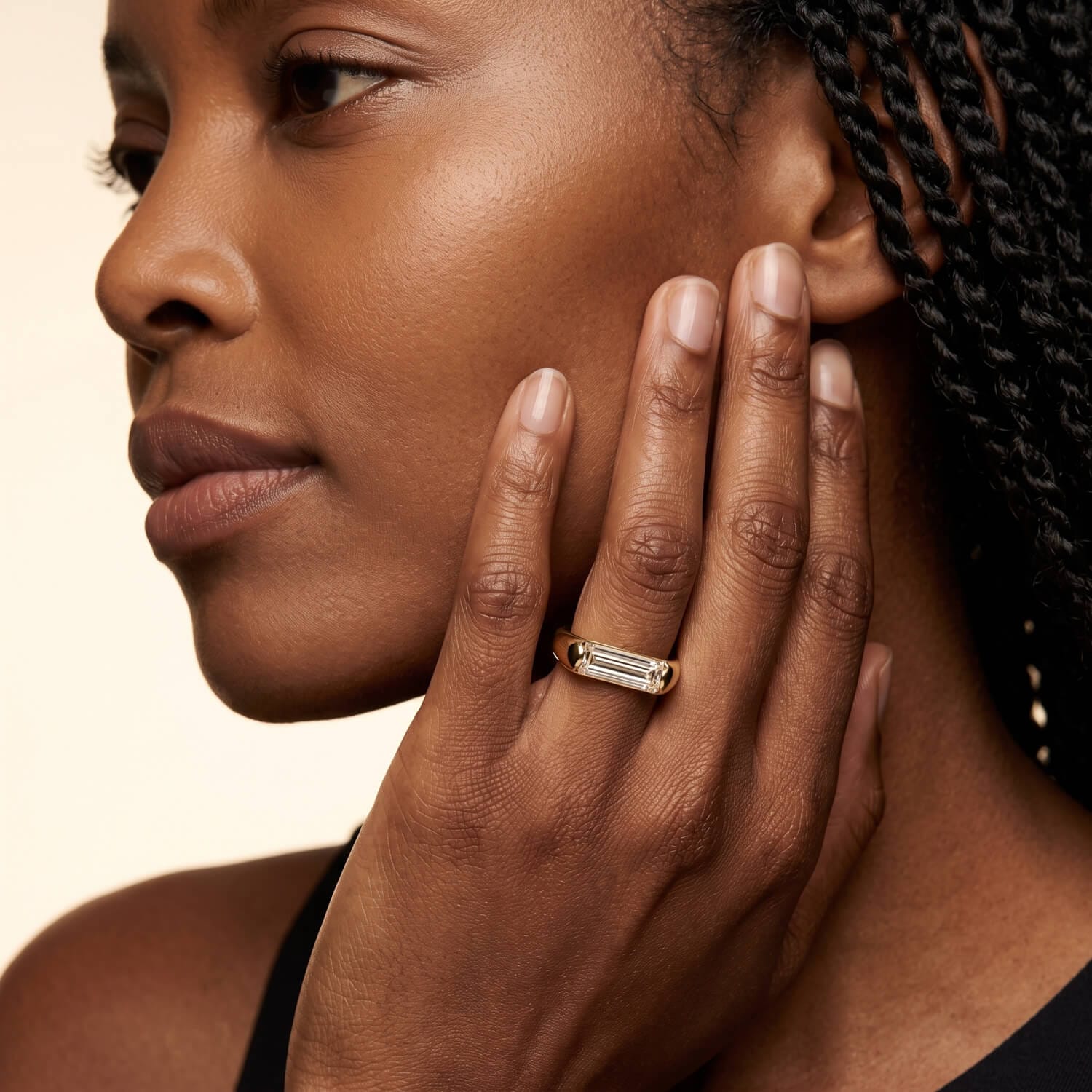 Larger natural baguette diamond with an almost invisible setting
