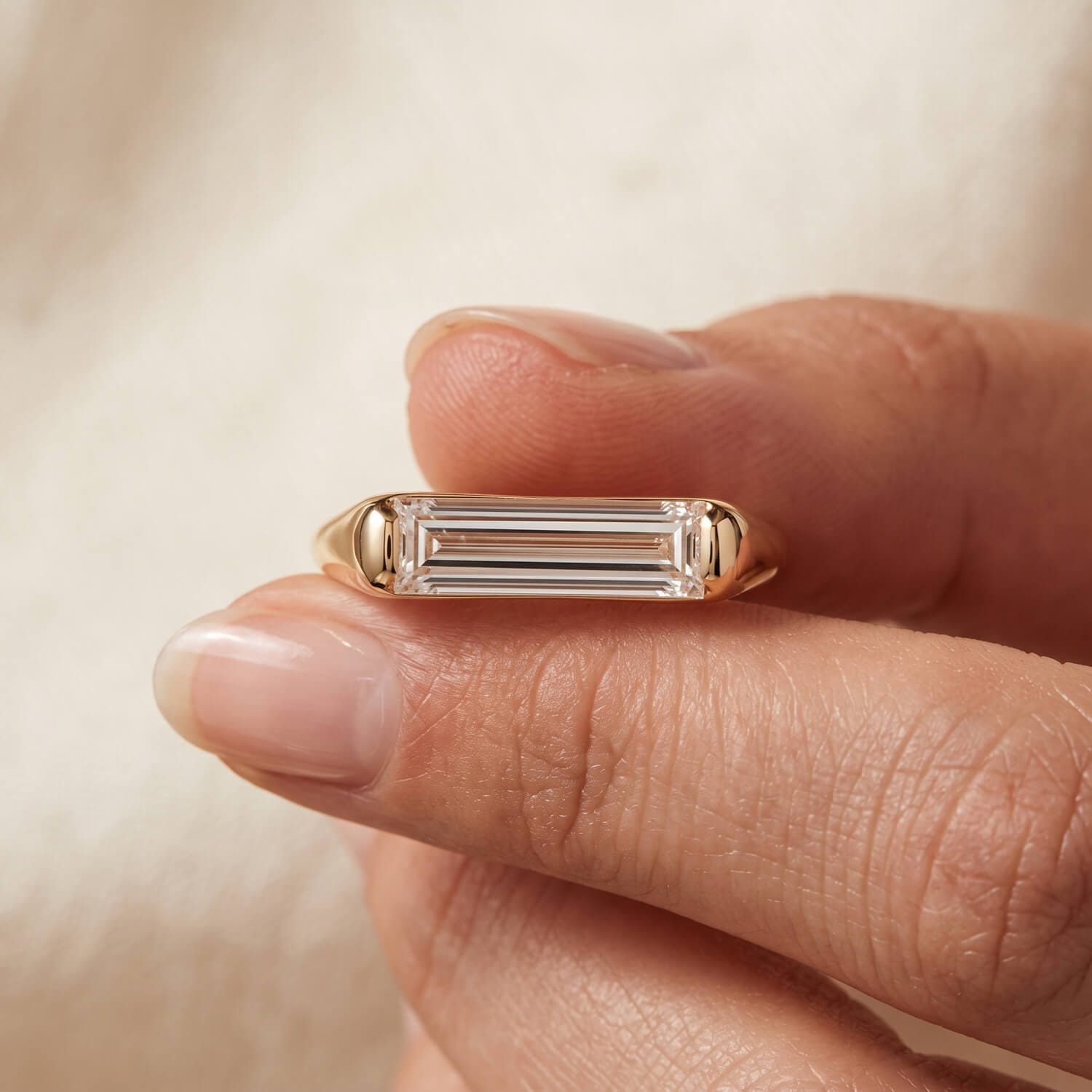 Natural baguette diamond solitaire engagement ring from another angle