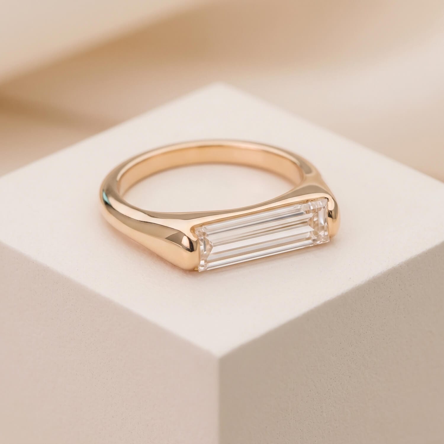 Finished minimalist natural baguette diamond solitaire engagement ring