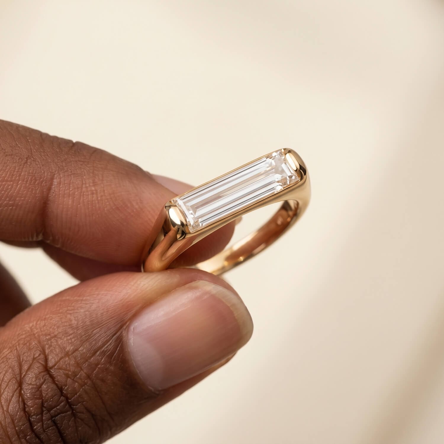 Minimalist baguette diamond engagement ring profile