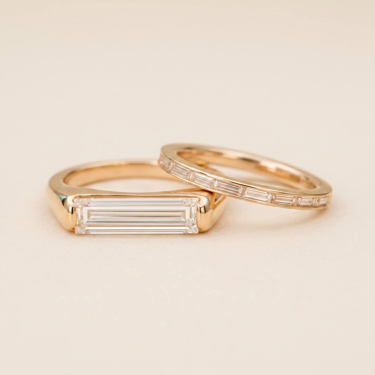 Baguette diamond solitaire engagement ring with wedding band