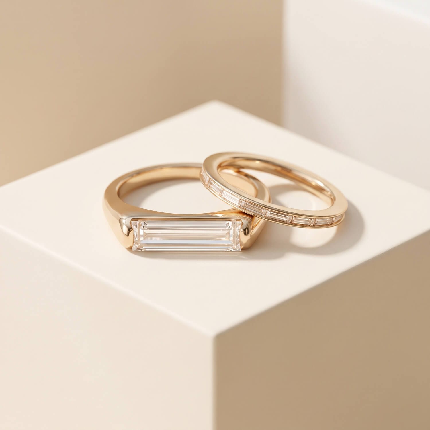 Baguette diamond engagement ring wedding set detail
