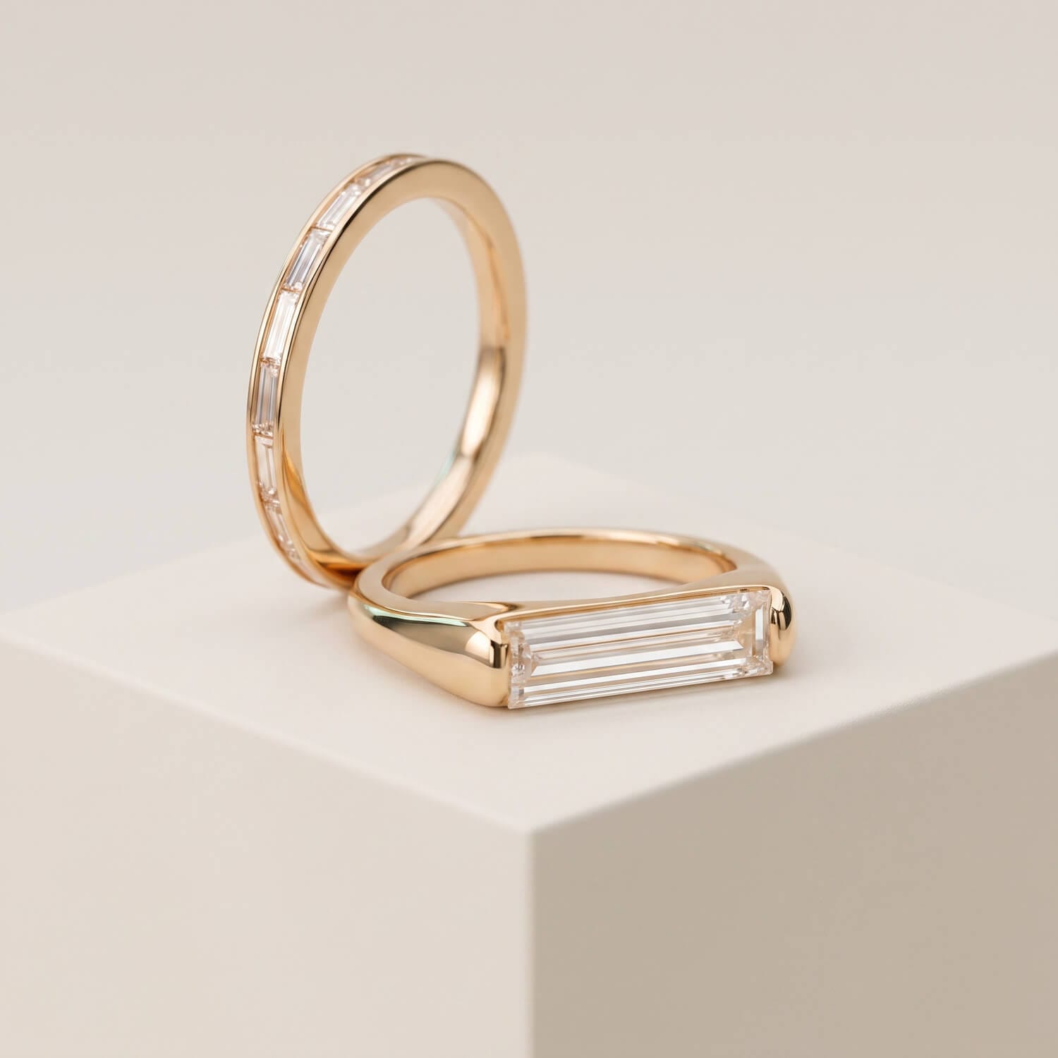 Baguette-cut diamond engagement ring with wedding band