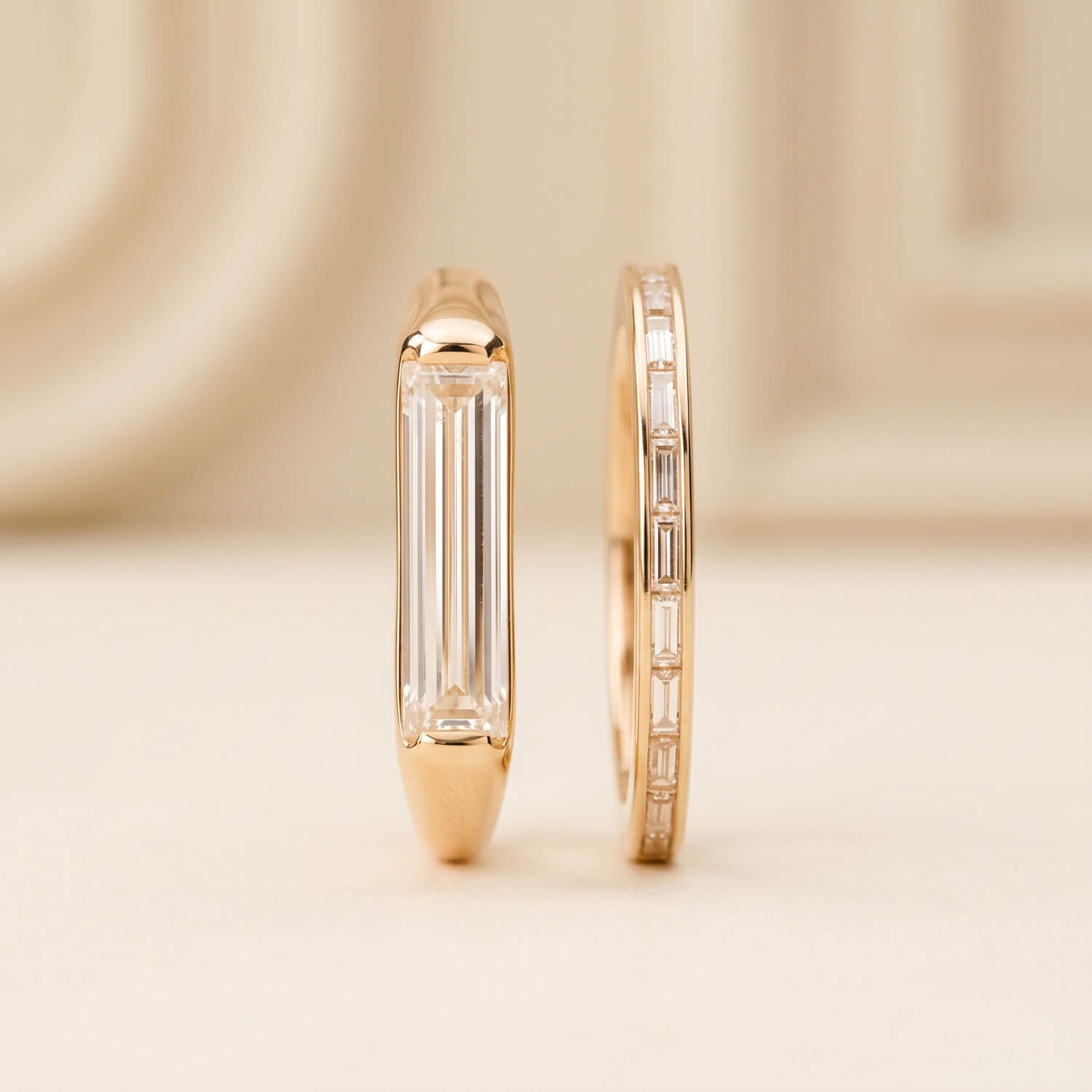 Baguette solitaire engagement ring and wedding band combination