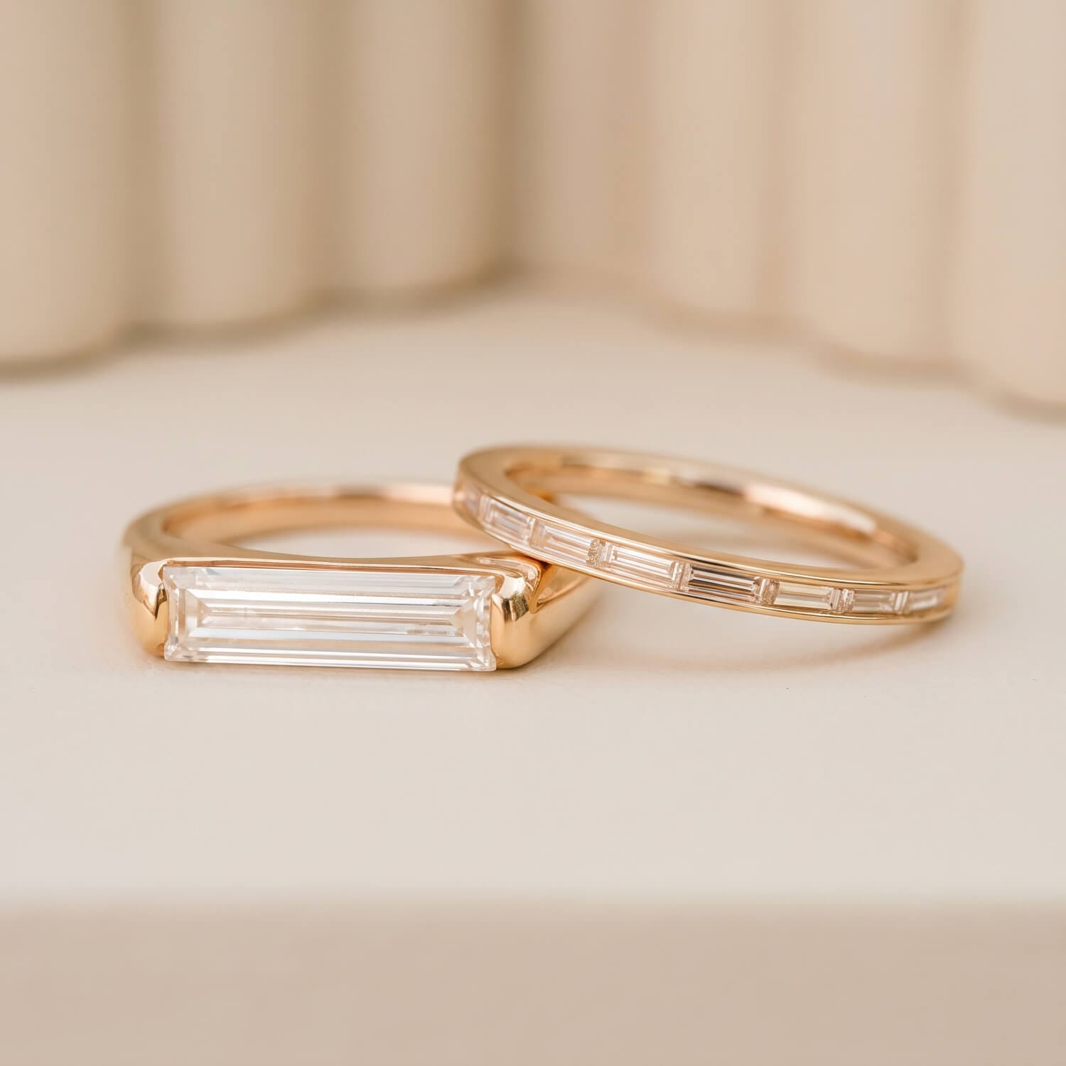 Minimalist baguette diamond bridal set from another angle