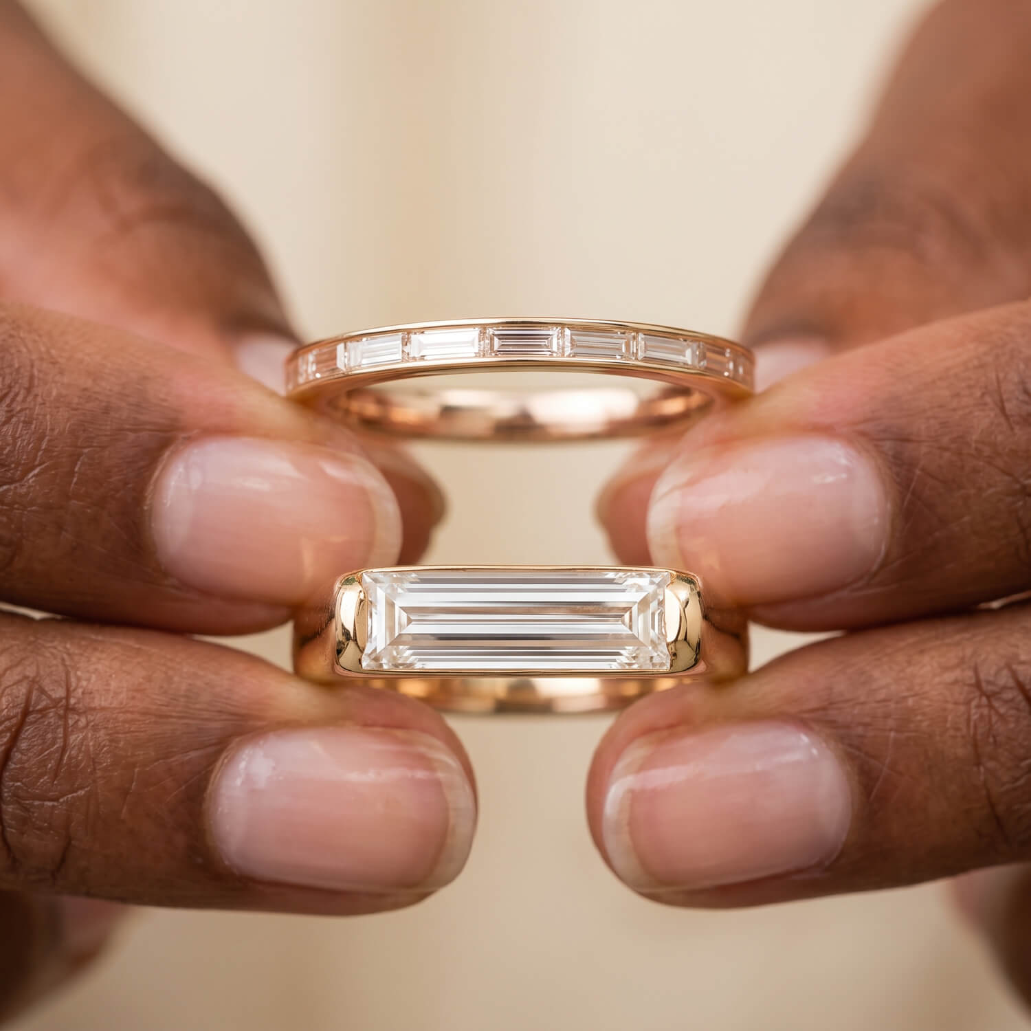 Baguette solitaire engagement ring with complementary wedding band