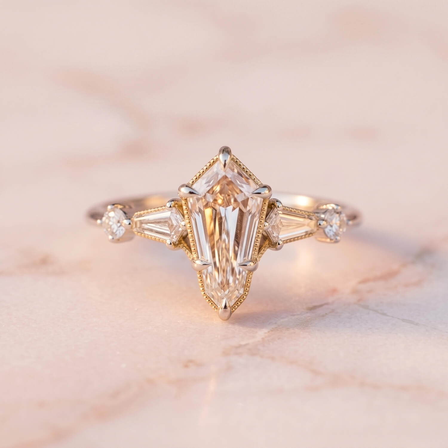 Unique 1.5 ct kite-shaped diamond at the center of the engagement ring